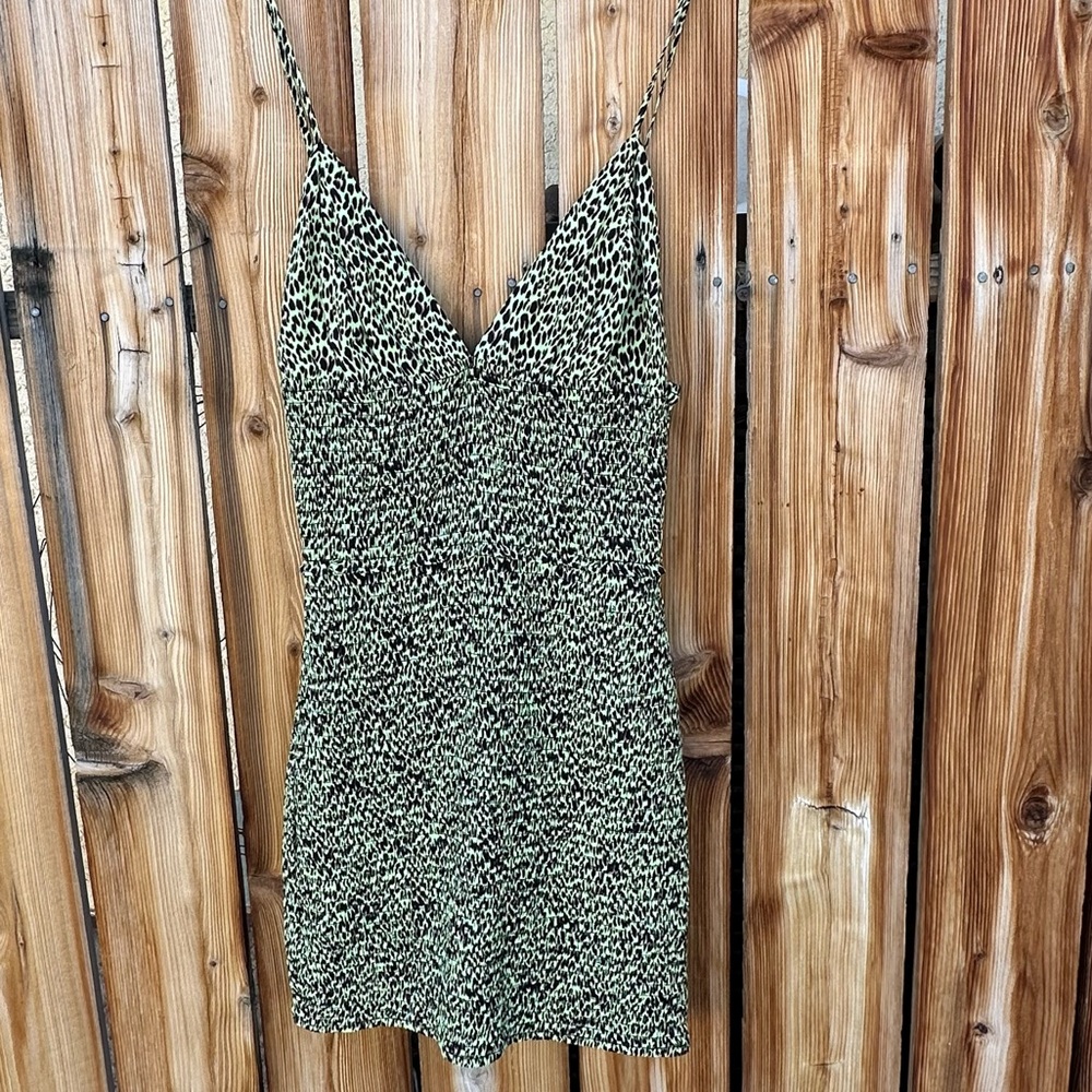 AFRM Leopard Print Smocked Mini Dress Green Y2K Bodycon - Picture 3 of 13